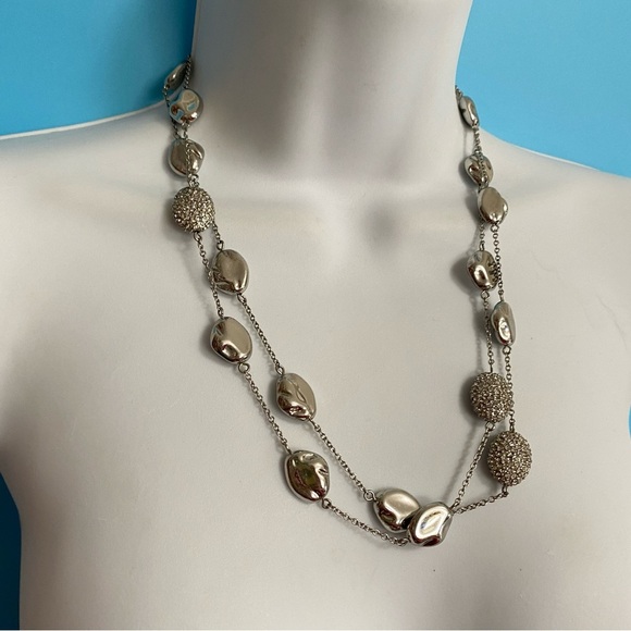 CHICO'S Silver Chain Rhinestone & Silver Bead Station Long Necklace - Picture 7 of 8